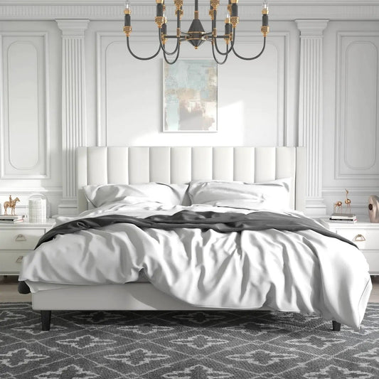 King white velvet upholstered platform bed with headboard on Tampa Home & Garden Store