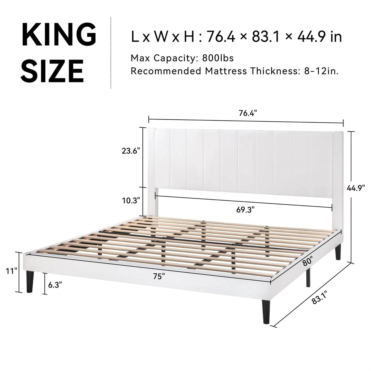 Base de cama tamaño King con plataforma tapizada de terciopelo blanco con cabecero