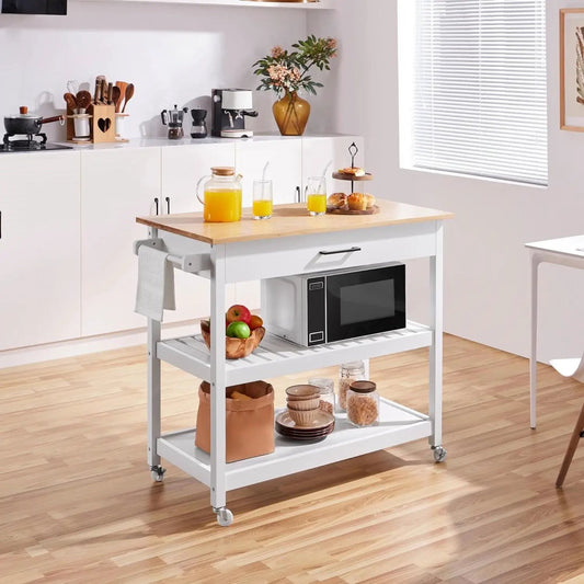 Kitchen Island Cart with Drawers and Shelves white finish wood-top HomePacific cart on Tampa Home & Garden Store