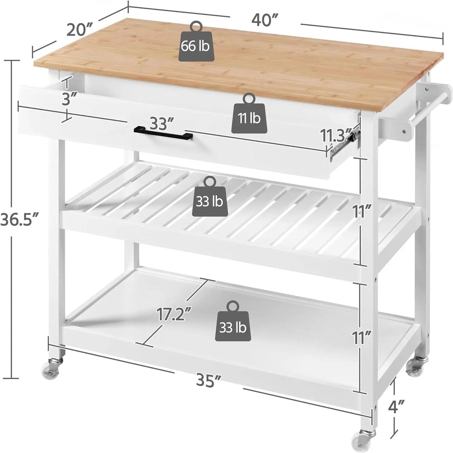 White kitchen island cart with wood top, drawers and lower shelf on caster wheels HomePacific on Tampa Home & Garden Store