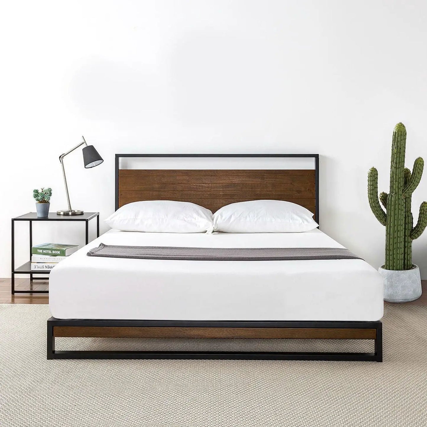 King size Metal Wood Platform Bed Frame with Headboard - Tampa Home & Garden Store