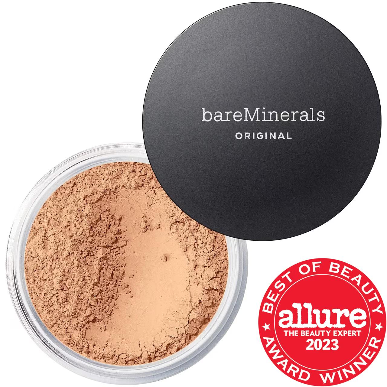 bareMinerals Original loose powder foundation in an open jar with beige powder; black lid on Tampa Home & Garden Store