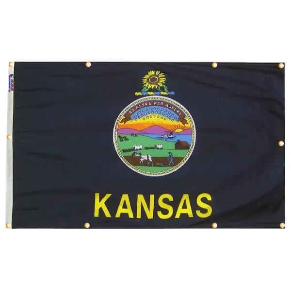 Kansas flag with grommets for wall hanging on navy field, yellow KANSAS lettering on Tampa Home & Garden Store