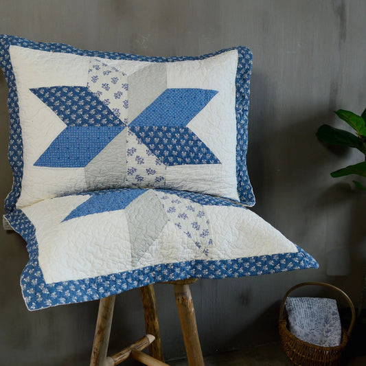 Kasentex Boho Patchwork Quilt Pillow Sham King blue ivory patchwork with floral motifs on Tampa Home & Garden Store