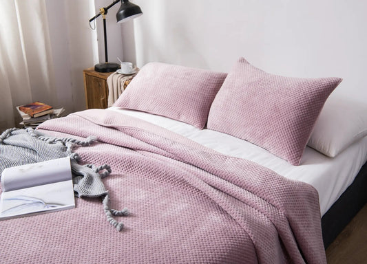 Kasentex All Season Velvet Quilt Set with Shams on soft pink quilt bedspread with pillows on Tampa Home & Garden Store