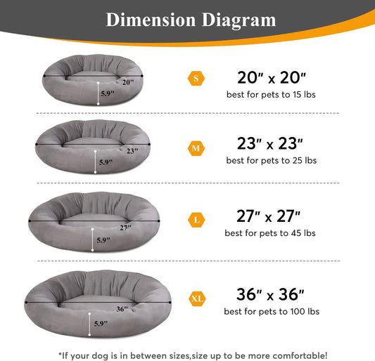 Kasentex Donut Design Round Dog Bed with non-slip base, grey donut bed size chart S/M/L/XL on Tampa Home & Garden Store