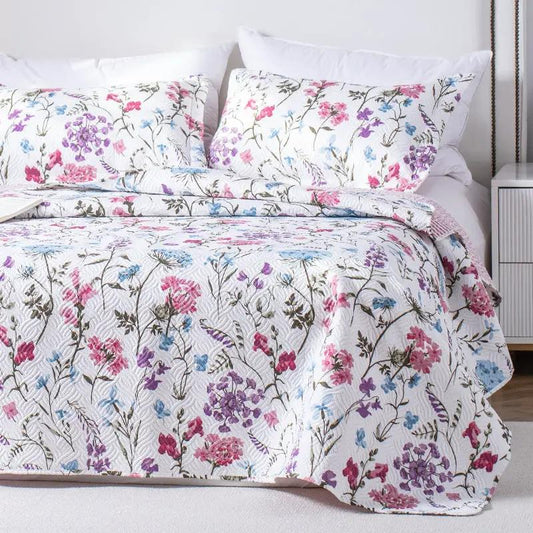 Kasentex Floral Quilt Set reversible bedspread with pink purple blue florals on white on Tampa Home & Garden Store