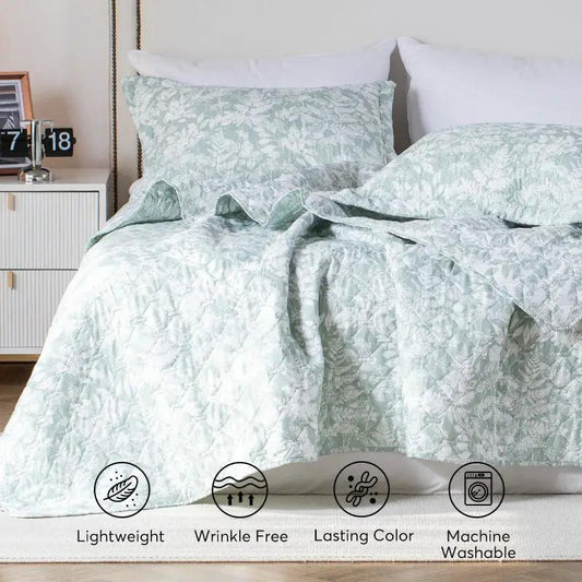 Kasentex Green Floral Quilt Set lightweight all-season quilt with mint-green botanical pattern on Tampa Home & Garden Store