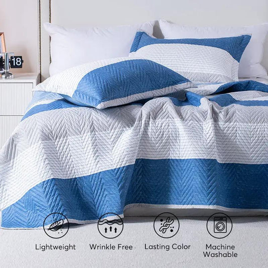 Kasentex Lightweight Reversible Stripe Quilt Set in sky blue and ivory on Tampa Home & Garden Store