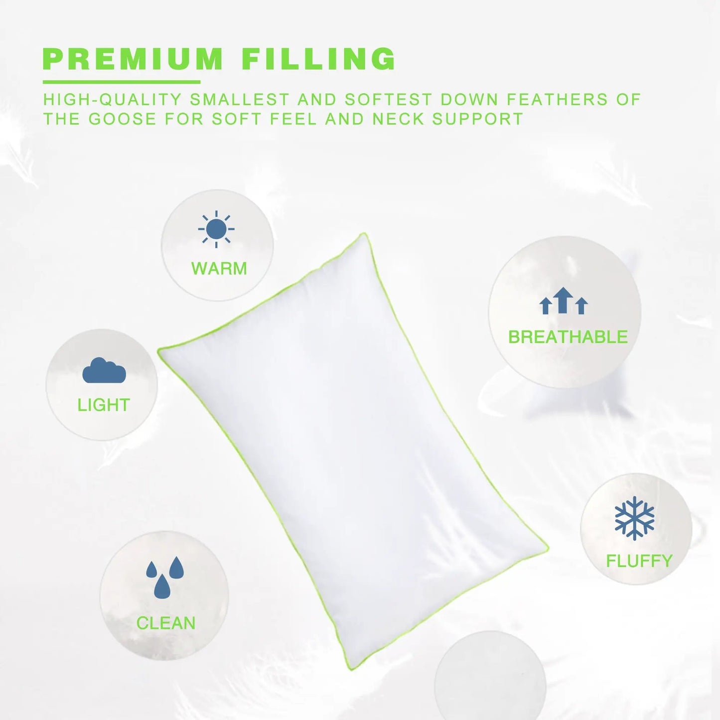 Kasentex goose down pillow set with green piping; white pillow with neon green piping in bag on Tampa Home & Garden Store