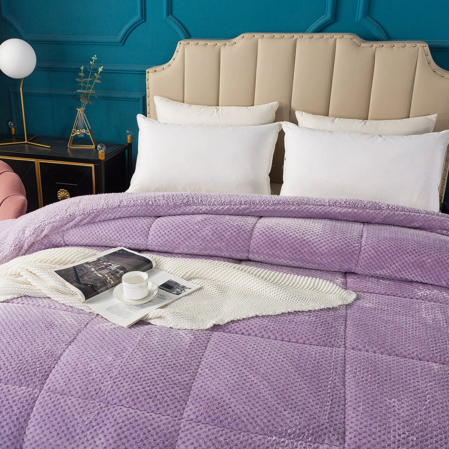Kasentex Ultra Soft Sherpa Lined Comforter lavender bedspread with two white pillows on Tampa Home & Garden Store