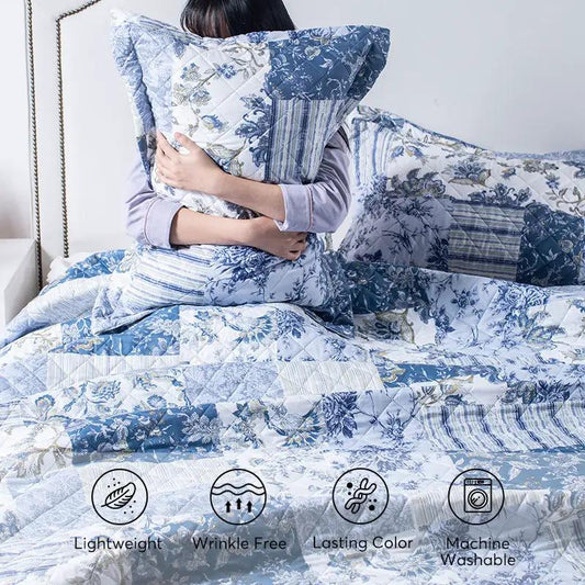 Kasentex Vintage Blue Patchwork Quilt Set blue patchwork with floral and striped blocks all-season bedding on Tampa Home & Garden Store