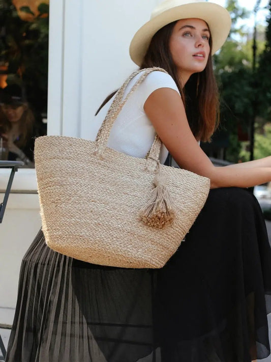 KORISSA Kata Shoulder Bag natural straw tote with tassel sustainable fair trade on Tampa Home & Garden Store
