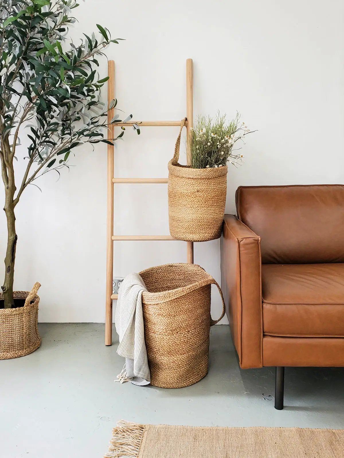 Kata Wall Basket for Plants, natural woven basket hanging from wooden ladder with greenery on Tampa Home & Garden Store