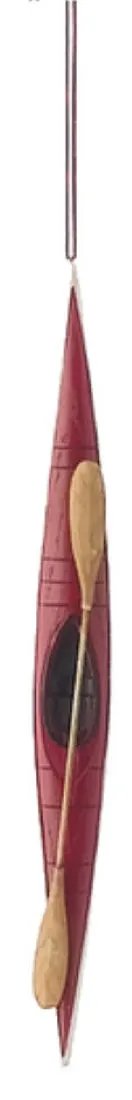 Red kayak ornament with dual paddles, hand-painted polyresin, The Country Christmas Loft on Tampa Home & Garden Store