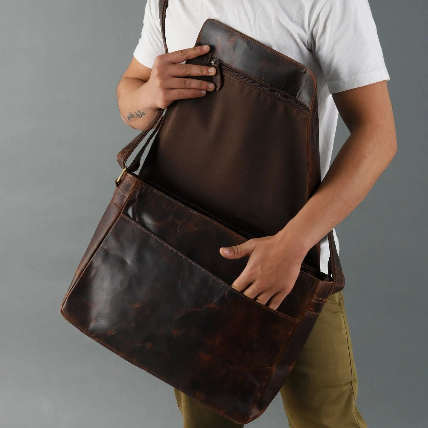 Kayden Messenger Bag dark brown buffalo leather with front zip pocket and adjustable strap on Tampa Home & Garden Store