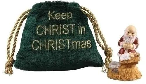 Keep Christ in Christmas kneeling Santa figurine with green bag The Country Christmas Loft on Tampa Home & Garden Store