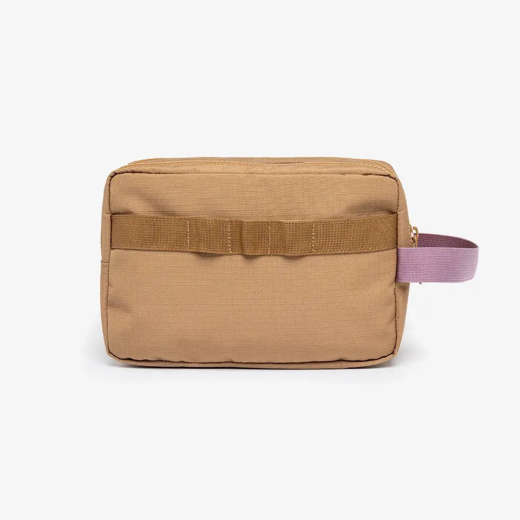 Kei Double Washbag Toffee RPET bag tan with brown strap and lavender side handle by Lefrik USA on Tampa Home & Garden Store