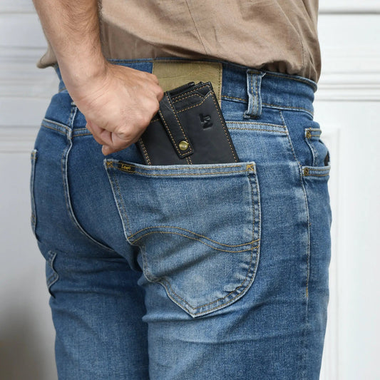 Kellner Bi Fold Wallet with ID Slot Leather in black with tan stitching on Tampa Home & Garden Store