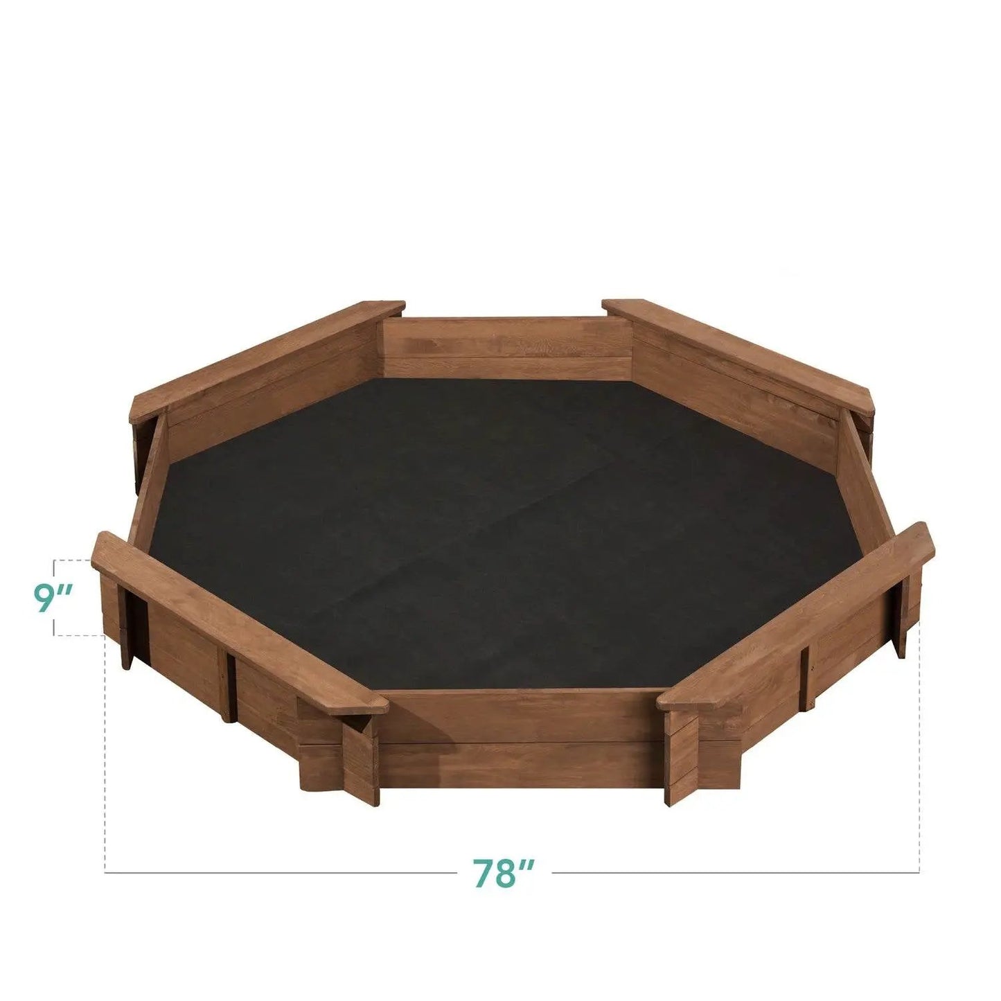 Kid's octagonal sandbox in walnut wood finish with black interior and 78in diameter on Tampa Home & Garden Store