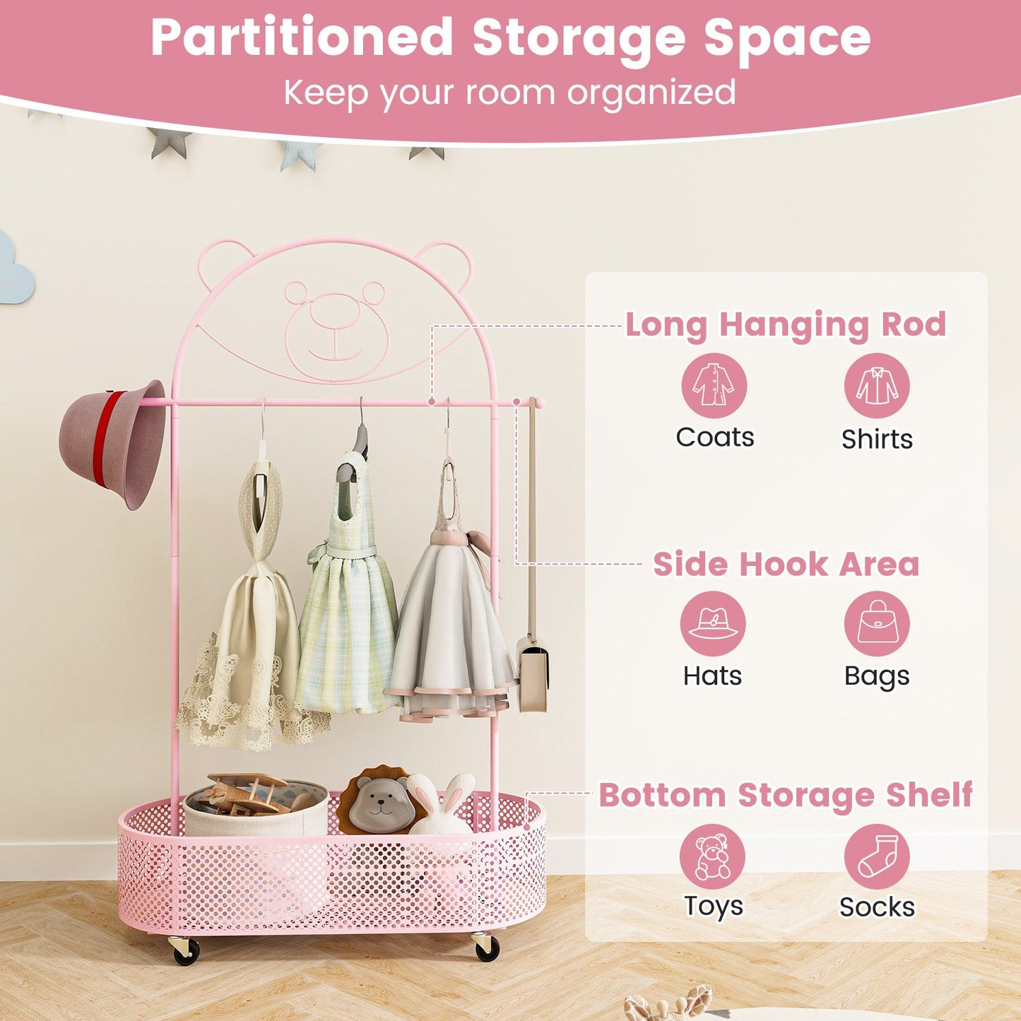 Kid clothes rack with 3 heights, pink metal frame, wheels and bottom storage basket DirectDeals on Tampa Home & Garden Store