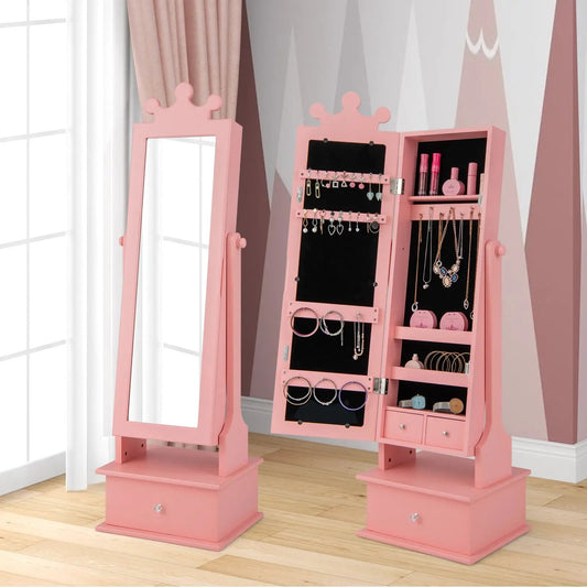 2-in-1 Jewelry Armoire with Mirror and Drawers pink kids' jewelry cabinet crown-top twin units on Tampa Home & Garden Store