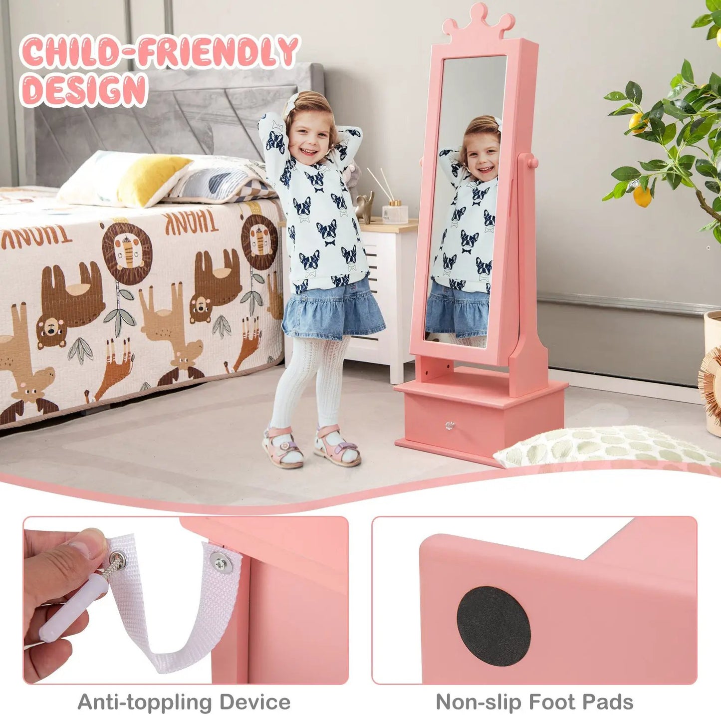 Pink 2-in-1 kids jewelry armoire with full-length mirror and drawers DirectDeals on Tampa Home & Garden Store