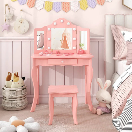 Kids vanity table with folding tri-fold mirror, pink finish, round bulb lights, matching pink stool on Tampa Home & Garden Store