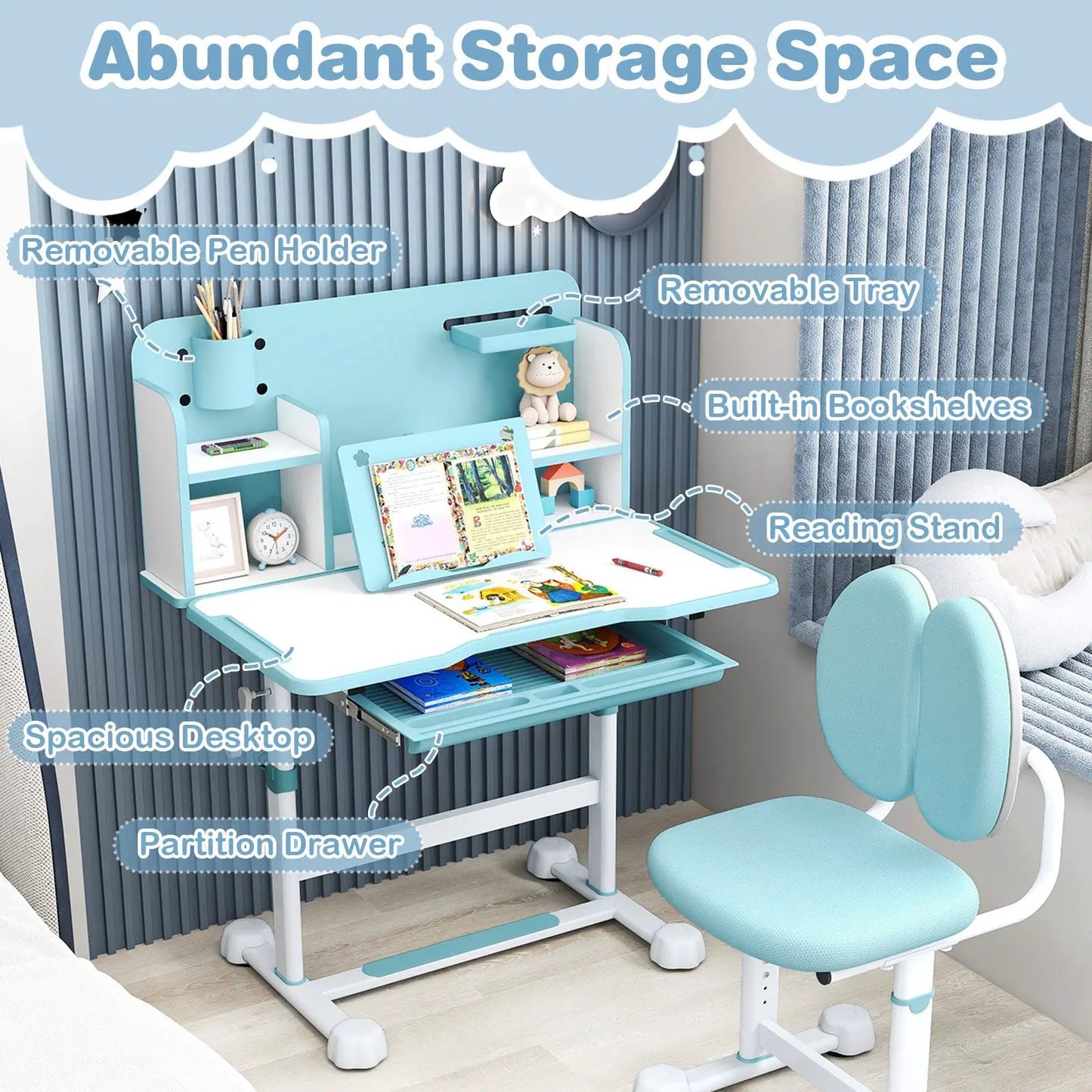 Kid's Study Desk with Tilt Desktop and Pen Holder, blue with built-in shelves DirectDeals on Tampa Home & Garden Store