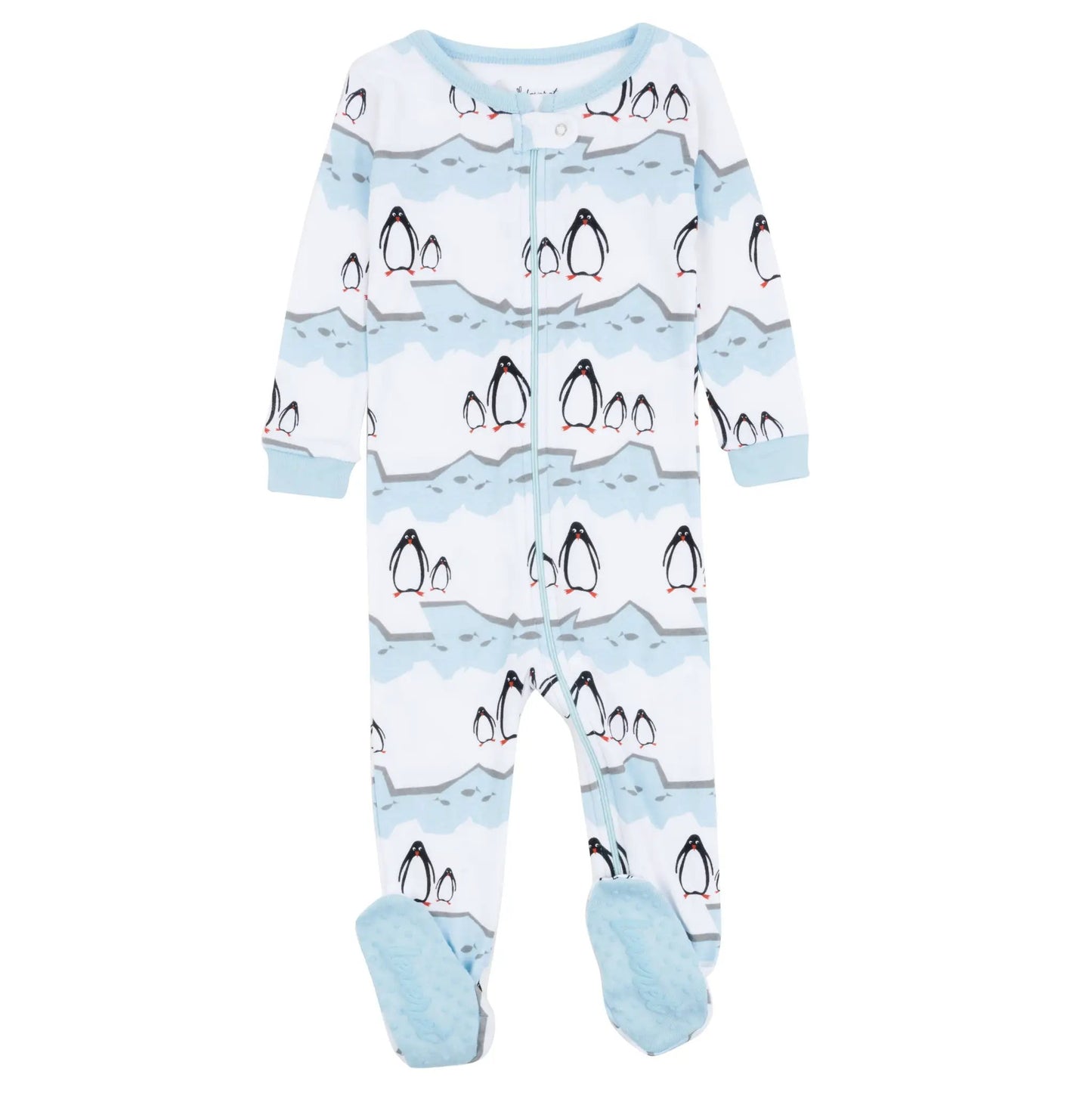 Kids Footed Cotton Pajamas Penguin Striped with zipper and light blue cuffs on Tampa Home & Garden Store