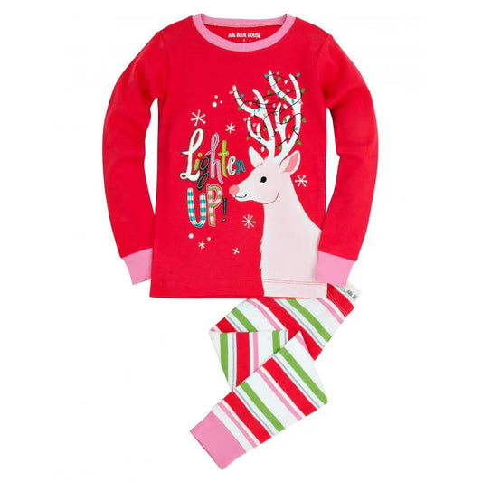Kids Pajama Set Lighten Up Reindeer Lights red top with reindeer graphic and striped pants on Tampa Home & Garden Store