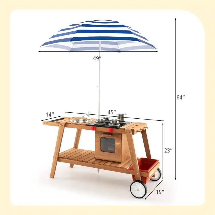 Kids wooden portable cook cart with navy striped umbrella and toy kitchen features on Tampa Home & Garden Store