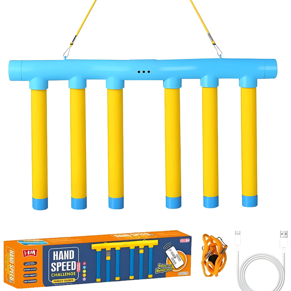 Reaction Training Game falling-stick dexterity set with six yellow legs on a blue top bar on Tampa Home & Garden Store