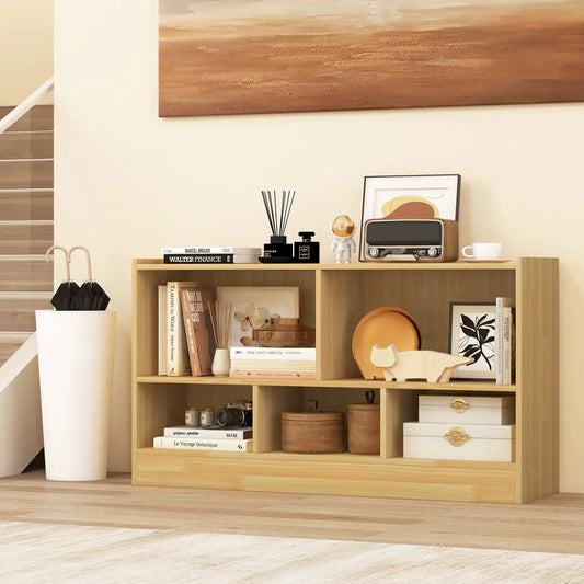 Kids 2-Shelf Bookcase and Toy Storage Cabinet in natural wood with books and decorative items on Tampa Home & Garden Store