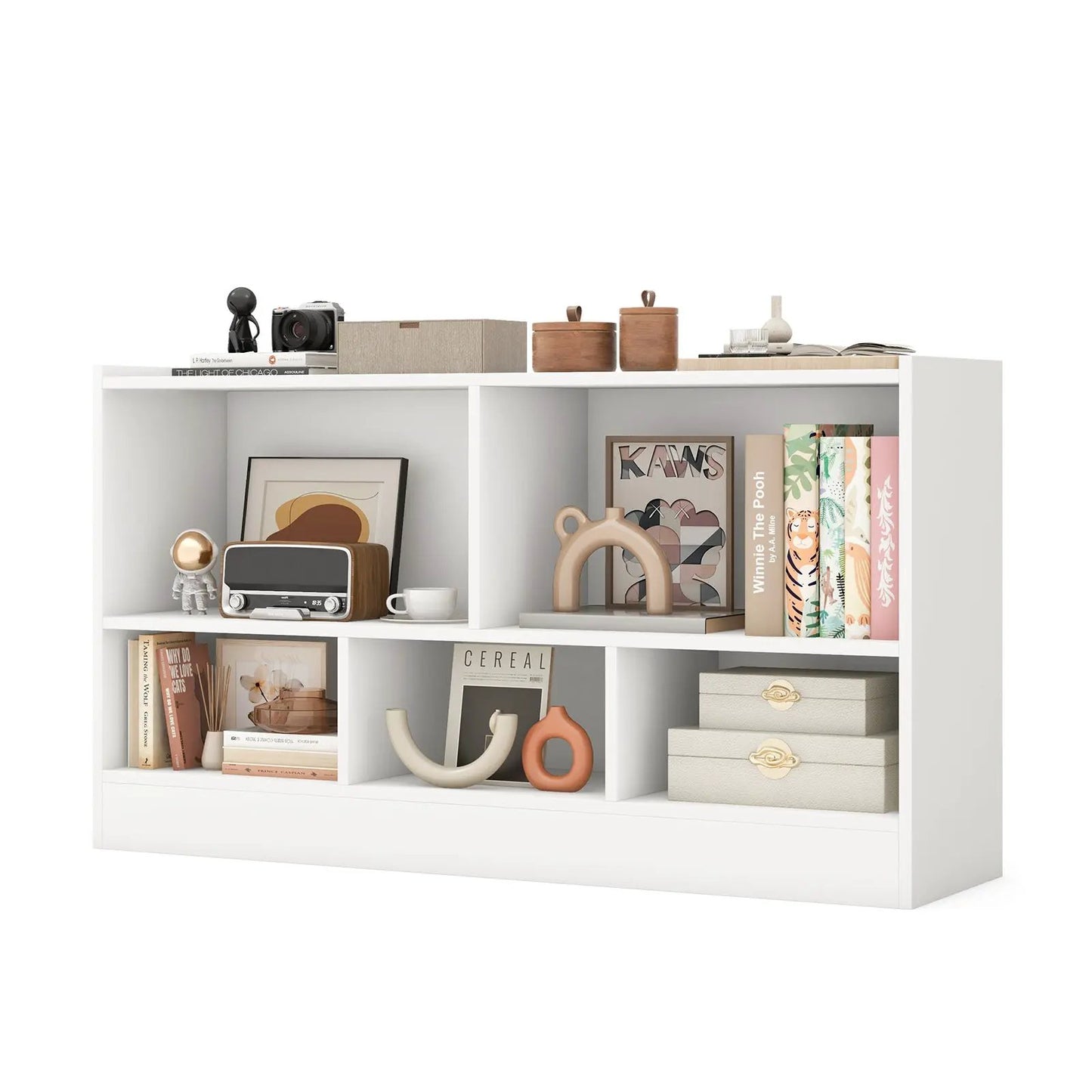 Kids 2-shelf white bookcase and toy storage cabinet with open cubbies on Tampa Home & Garden Store