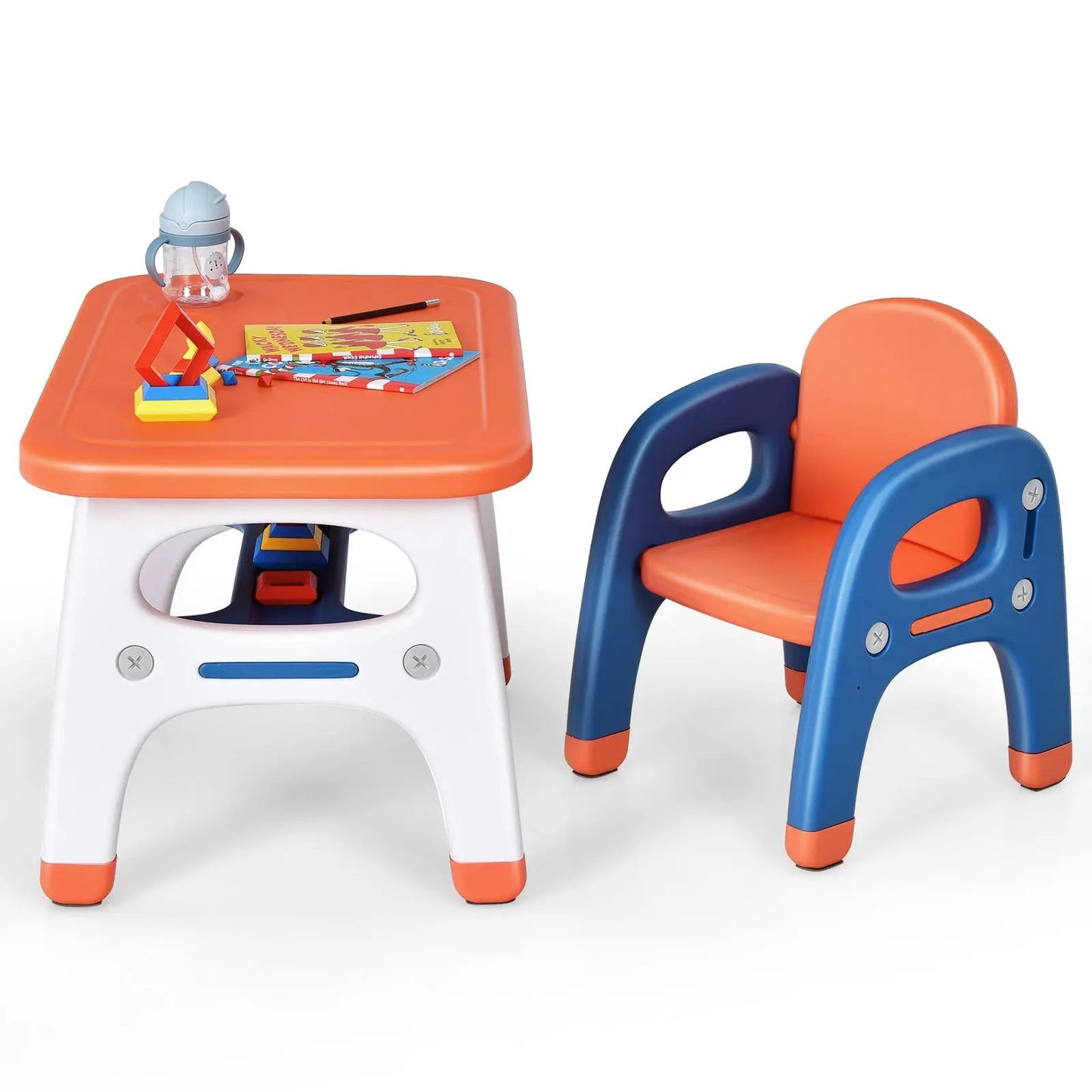 Kids activity table and chair set with Montessori toys, orange top and blue chair frame on Tampa Home & Garden Store