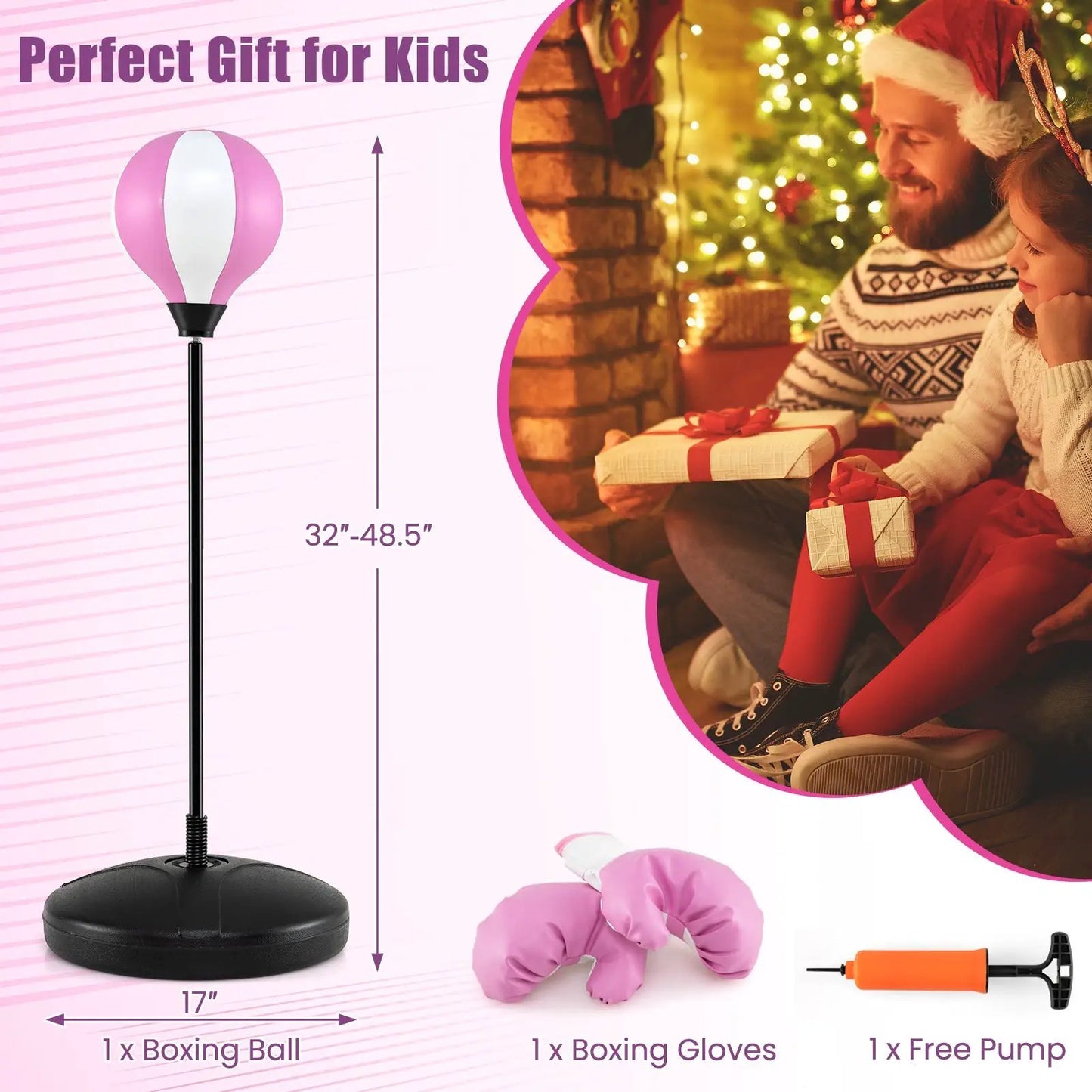 Kids adjustable punching bag set with pink/white top on black stand includes boxing glove DirectDeals on Tampa Home & Garden Store