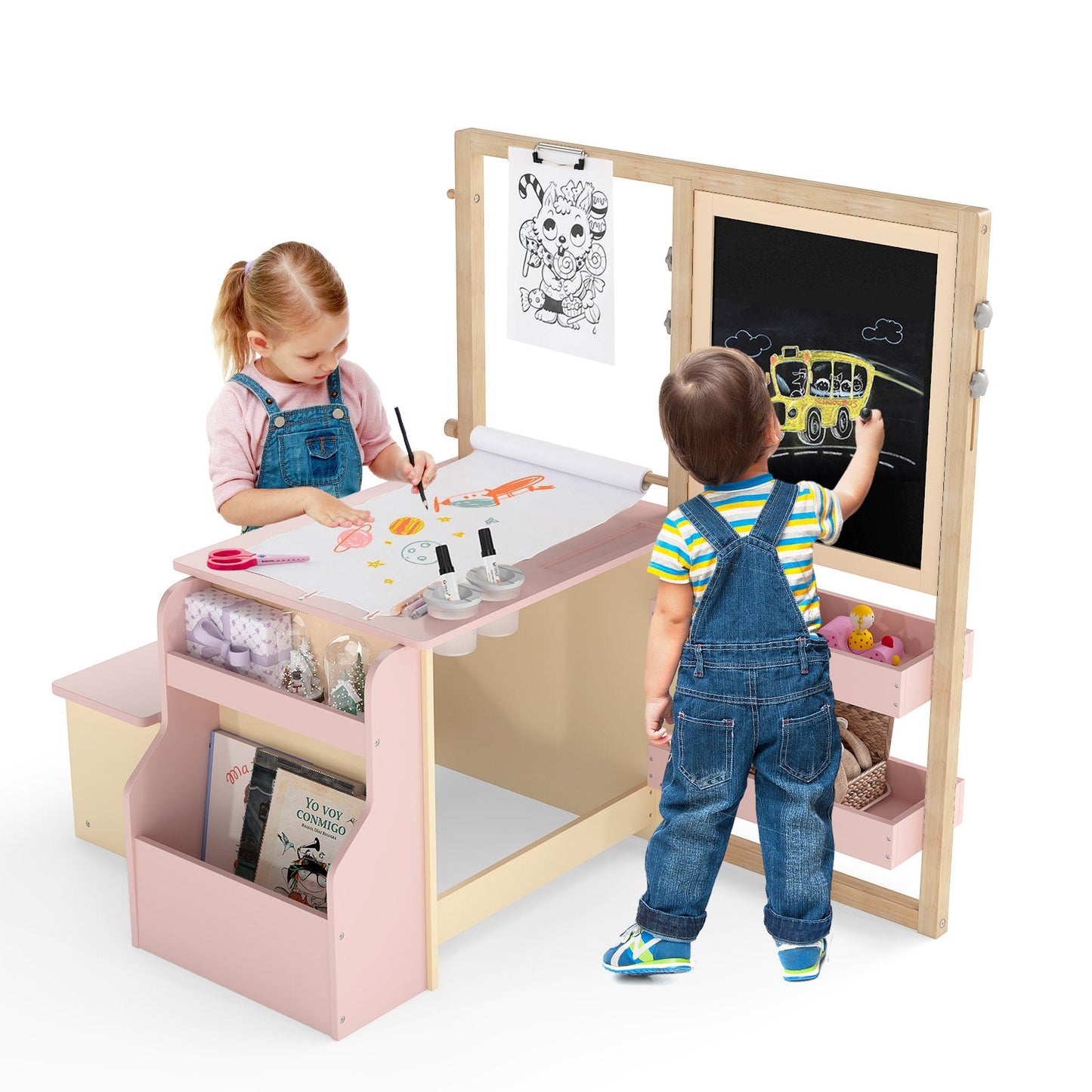 Kids Art Center Wooden Table and Bench Set pink base with chalkboard panel and paper roll on Tampa Home & Garden Store