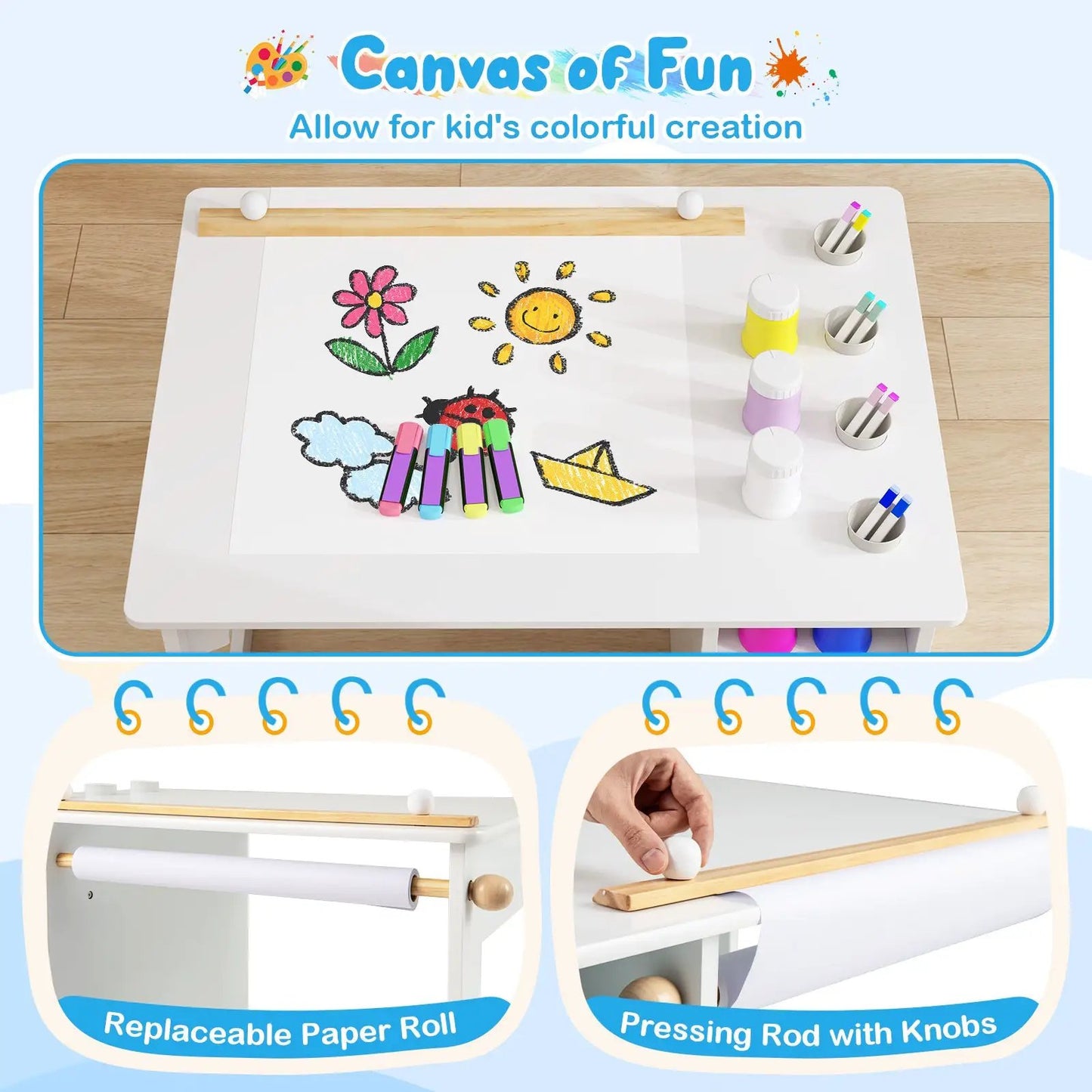 Kids Art Table and Chair Set for Toddlers white table with wooden rail and colorful markers on Tampa Home & Garden Store