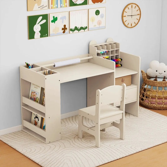 Kids art table and chair set with paper roll holder and cubby storage in cream DirectDeals on Tampa Home & Garden Store