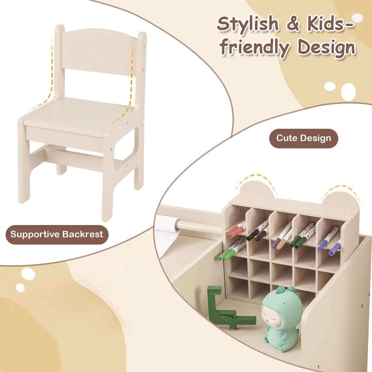 Kids Art Table and Chair with Paper Roll Holder in light beige wood and storage cubbies on Tampa Home & Garden Store