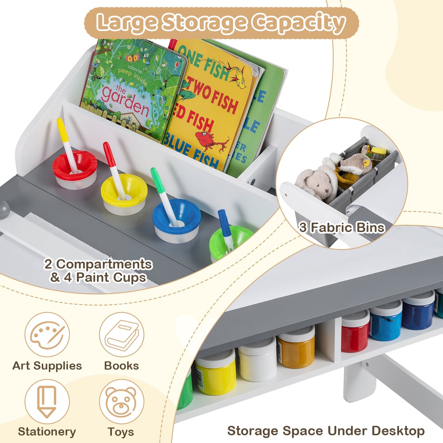 Kids Art Table and Chair set with paper roll and fabric bins, gray DirectDeals activity table on Tampa Home & Garden Store