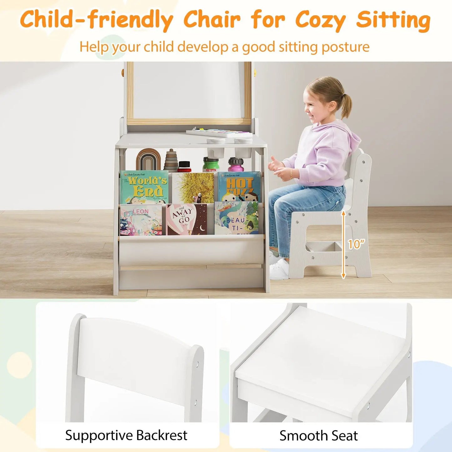 Kids Art Table and Chair Set with Easel in white with natural wood accents and built-in storage cubbies on Tampa Home & Garden Store