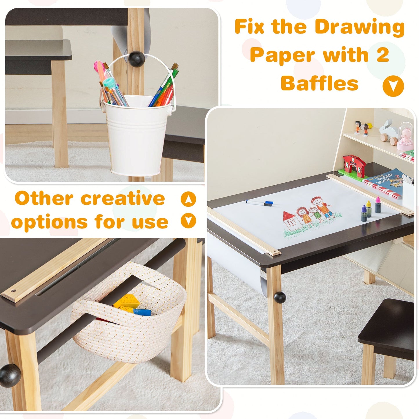 Kids Art Table Set with Chairs and Paper Roll, dark brown top, natural wood legs, storage basket on Tampa Home & Garden Store