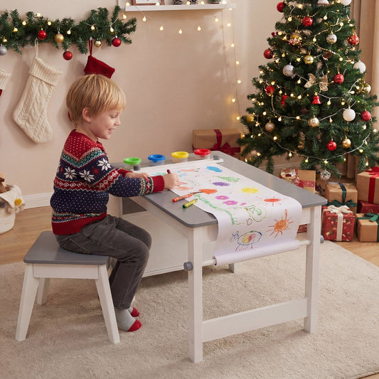 Kids Art Table and Stool Set Toddler Activity Desk with Paper Roll and 4 Paint Cups for Drawing Learning-Gray - Tampa Home & Garden Store