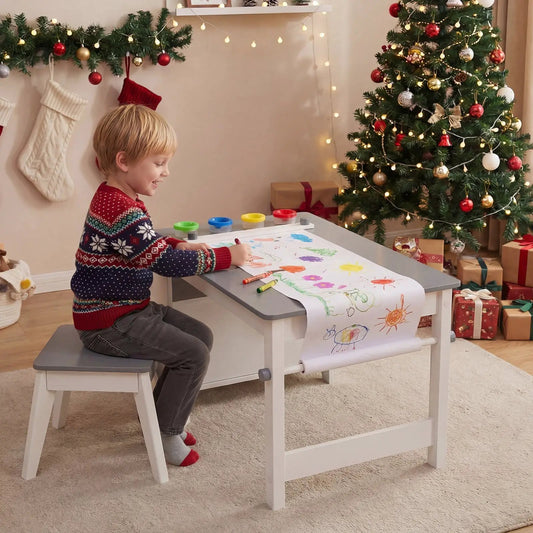 Kids art table and stool set in gray finish with paper roll and 4 paint cups for drawing on Tampa Home & Garden Store