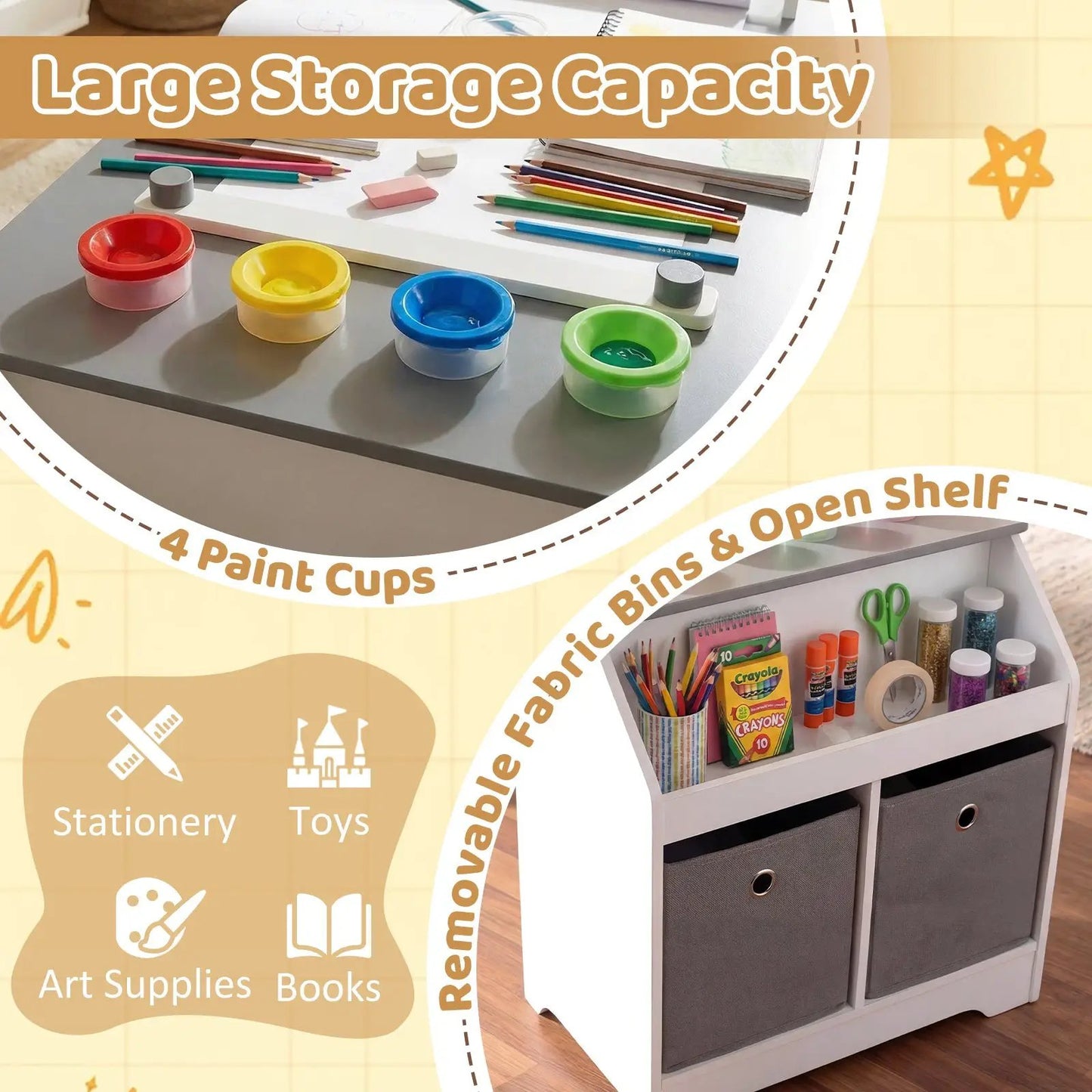 Kids art table and stool set with gray finish, paper roll, 4 paint cups on Tampa Home & Garden Store