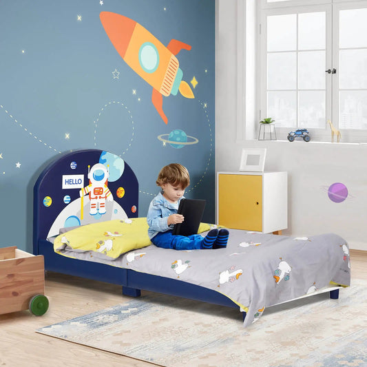 Kids Upholstered Platform Bed with Headboard blue frame and space-themed bedding on Tampa Home & Garden Store