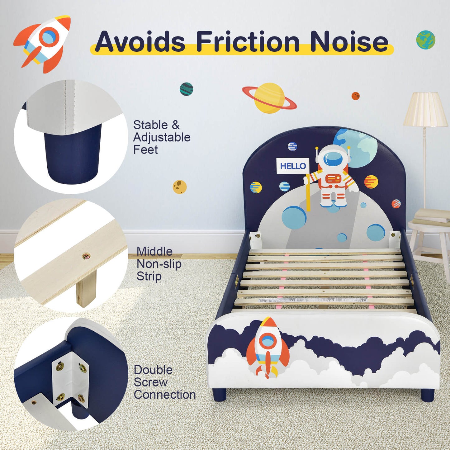 Kids upholstered platform bed with navy blue fabric and space-themed headboard on Tampa Home & Garden Store