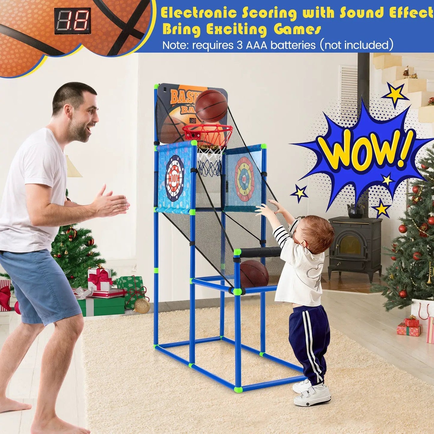 Kids Basketball Arcade Game with electronic scoreboard, blue metal frame on Tampa Home & Garden Store